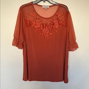 Embroidered Sheer Yoke Blouse in Burnt Orange by Dana Buchman